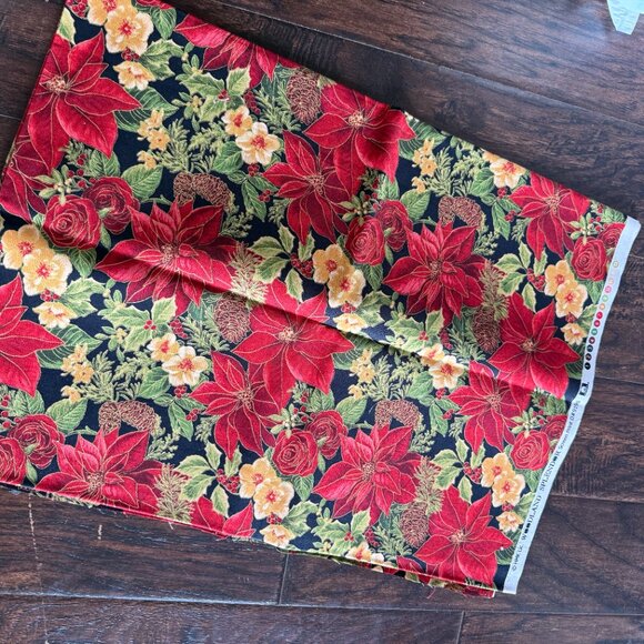 🎄 Woodland Splendor Christmas Fabric – Red Poinsettias, Pinecones & Gold Accent - Picture 3 of 4